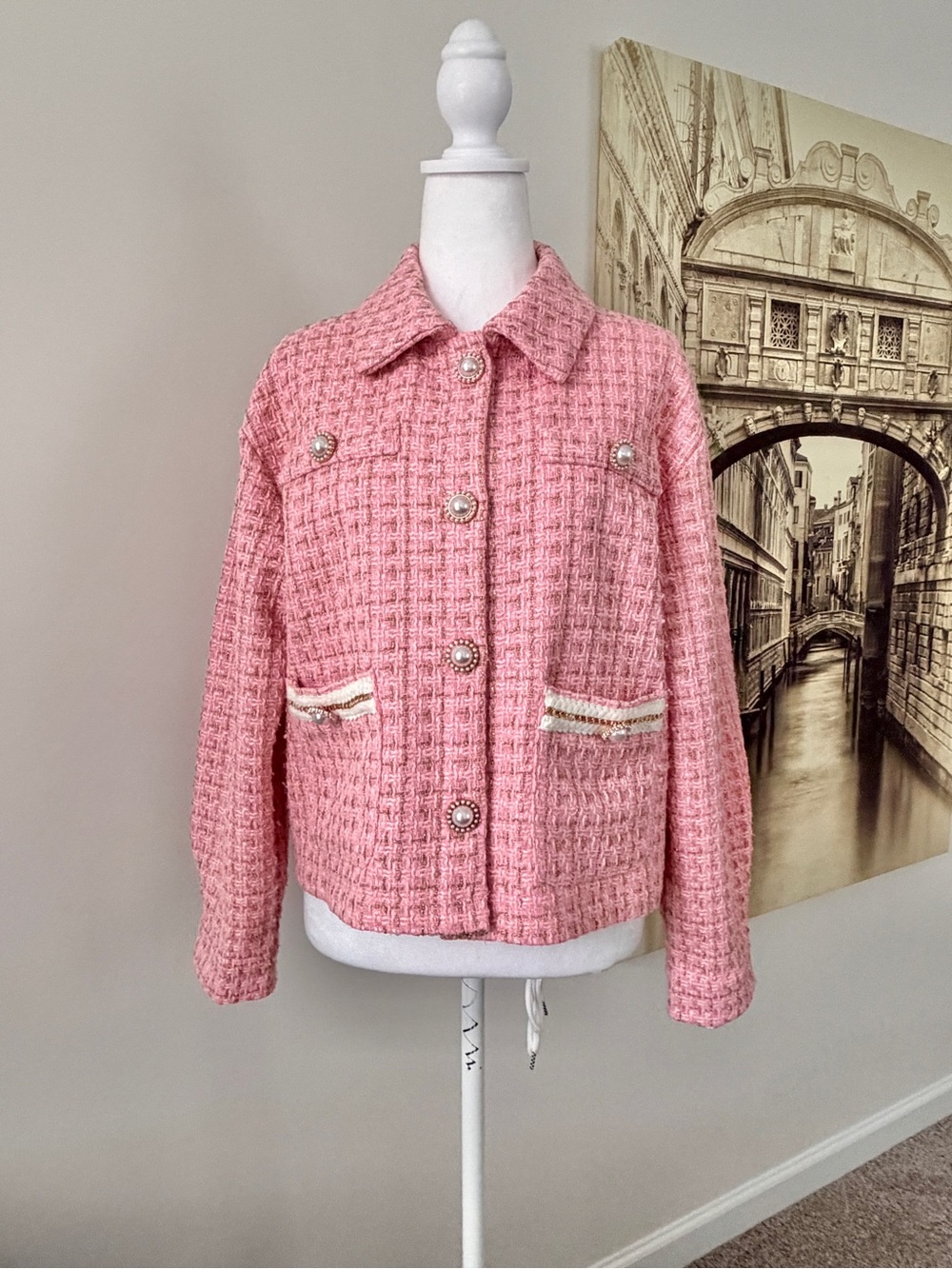 Preloved Women's Pink Tweed Button-Up Jacket